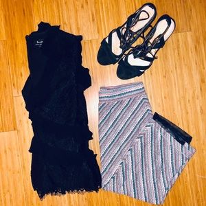 Multi colored knit pencil skirt, mesh/ lace detail